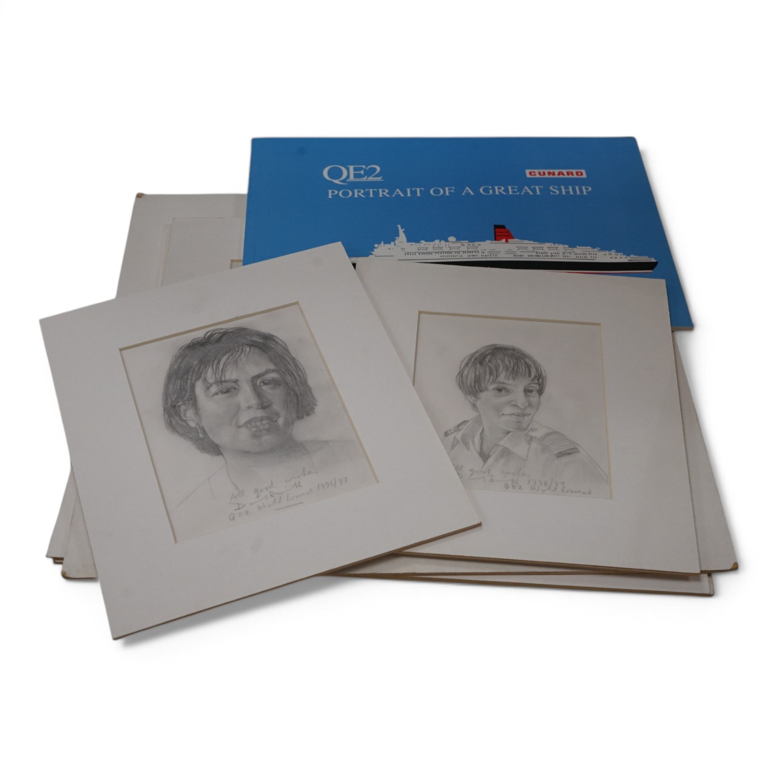 David Smith (1920-1999), seven pencil sketches on tracing paper, Passengers and members of the crew, QE2 cruise 1996/97, each signed, inscribed and dated, together with a Cunard portrait of a Great Ship souvenir booklet